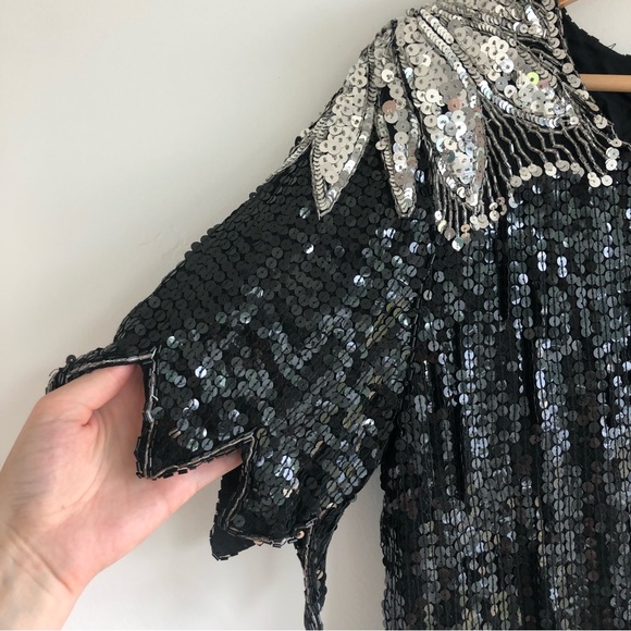 VTG ROYAL FEELINGS blouse Silk Bead sequin Black Silver DYNASTY SZ M 80s Formal - Picture 2 of 13